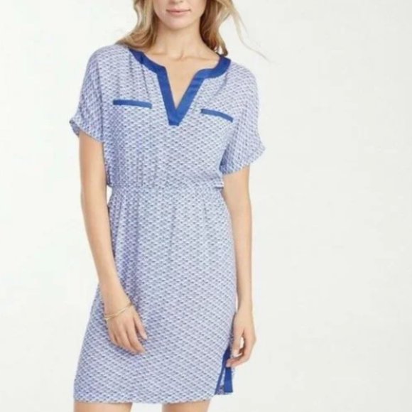 🎉HP🎉 TOMMY BAHAMA Blue Sea Shells Fan Festival Split Neck Dress Size M EUC - Picture 1 of 16